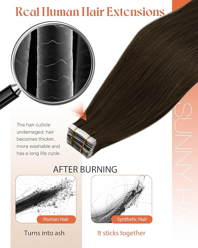 Sunny Hair Tape in Hair Extensions,Dark Brown Tape in Hair Extensions Human Hair Invisible Remy Human Hair Tape in Extensions 26 inch 20Pcs