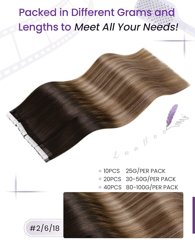 LaaVoo Hair Extensions Tape in Human Hair Ombre Tape in Hair Extensions Balayage Brown to Chestnut Brown with Blonde Tape on Extensions Soft Hair 40pcs 14inch 100g