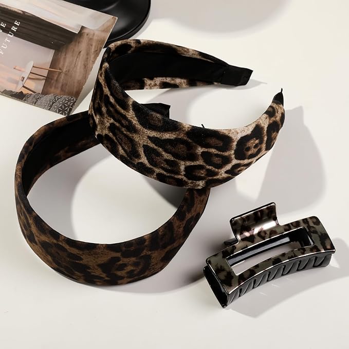 Ivyu 2 Pack Wide Leopard Headbands for Women, Non-Slip Elastic Hair Bands Soft Fabric Head Band for Daily Wear, Makeup, Travel Fashion Hair Accessories for Girls