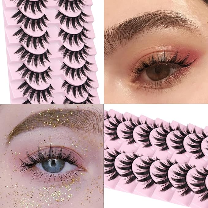 False Eyelashes 10 Pairs Manga Lashes Japanese Style Anime Thick Cosplay Lashes Natural Look 16MM Spiky 8D Wispy Faux Mink Lashes Full Strip Doll Lashes by FANXITON