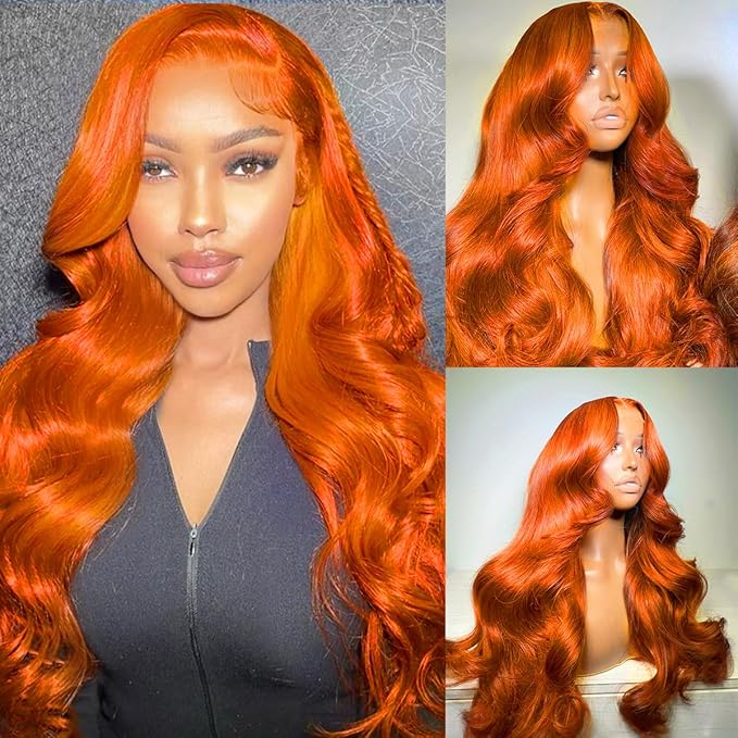 Ginger Orange Lace Front Wigs Human Hair 13x6 Body Wave Frontal Wigs Human Hair for Women 200% Density Pre Plucked HD Transparent Lace Glueless 350 Colored Human Hair Wig Bleach Knots 26 Inch