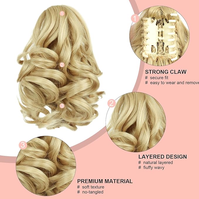 Ponytail Extension, Clip on Ponytails for Women, 9" Claw Clip in Short Curly Wavy Pony Hair Extension for Women - Light Honey Blonde