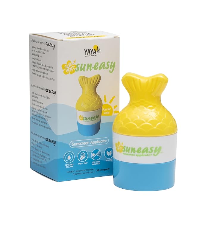 YAYA ORGANICS Sun-Easy Sunscreen Applicator, Refillable Roll-On with Sponge for Kids and Babies, Fun, Fast and Mess-Free application, Holds 80 ml, Fish/Blue Cap