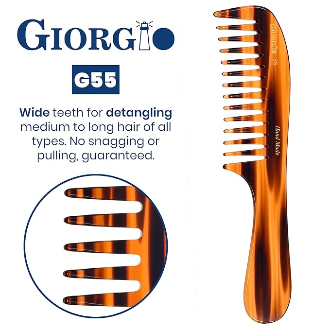 Giorgio G55 Wide Tooth Comb for Wet Hair Detangling, Hair Combs for Thin to Medium Thickness Hair Detangler, Hair Combs for Women, Handmade Large Tooth Rake Comb Saw-Cut and Hand Polished