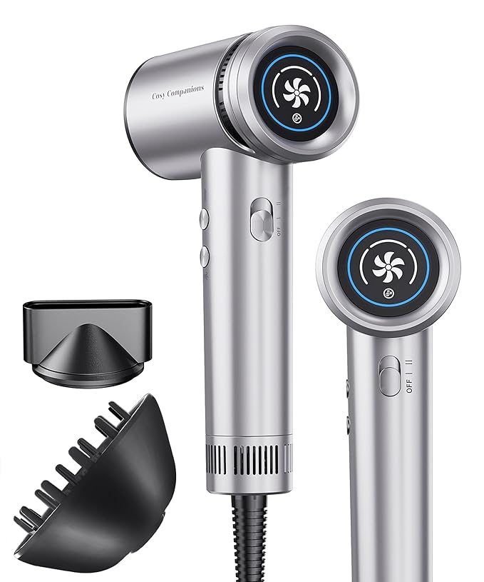 Cosy Companions Hair Dryer - High-Speed 150,000 RPM Hairdryer for Fast Drying, 500Million Negative Ionic & Thermo-Control & Cool Shot Button & HD Display Blow Dryer with Magnetic Diffuser & Nozzle