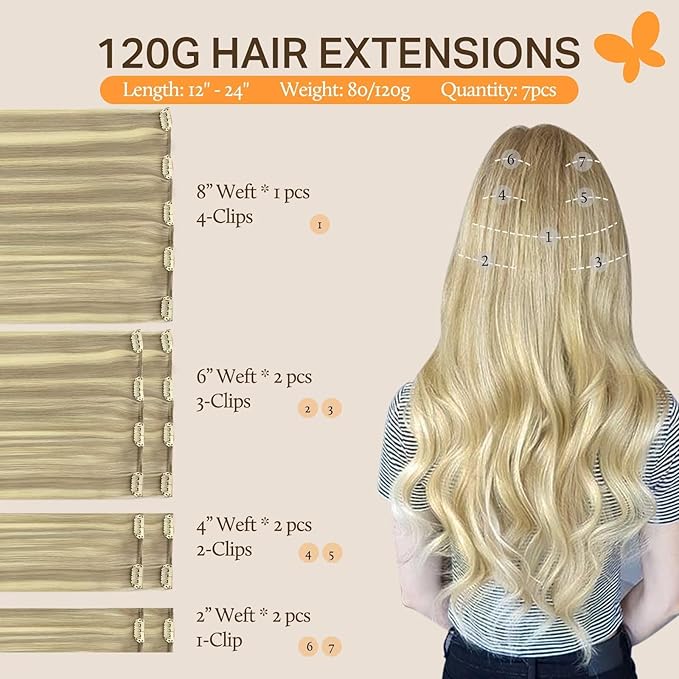 DOORES Hair Extensions Real Human Hair, Light Blonde Highlighted Golden Blonde 12 Inch 80g 7pcs, Remy Hair Extensions Clip in Human Hair Extensions Human Hair Natural Silky Straight