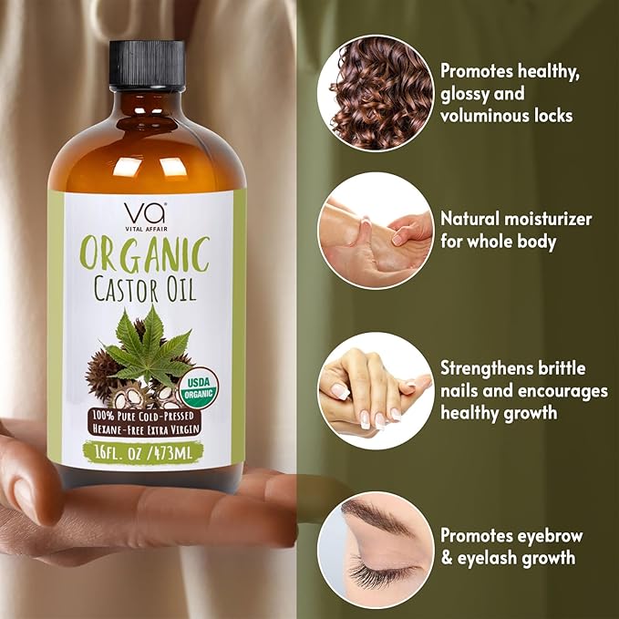 VITAL AFFAIR Pure Castor Oil Organic Cold Pressed Unrefined Glass Bottle-USDA Certified for Castor Oil Pack Wrap for Face,Hair Growth,Eyelashes,Eyebrows-16oz