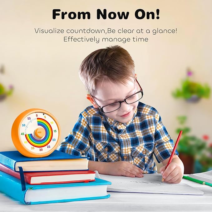 Visual Timer for Kids, 60-Minute Countdown Timer for Classroom Office Kitchen, Desk Timer Kids Time Management Tools with Silent Operation, Pomodoro Time Rainbow Pattern (Orange)