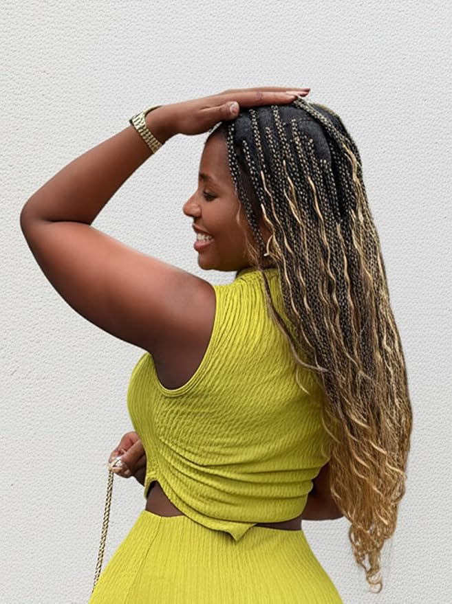 Human Hair Boho Curls Hand-Tied HD Full Lace Wig - 24" Salon-Level Small Box Synthetic Braids (80 Braids, Medium Density) Pre-Cut Swiss HD Lace, Pre-Plucked, Tangle-Free - 1B/27 Honey Blond