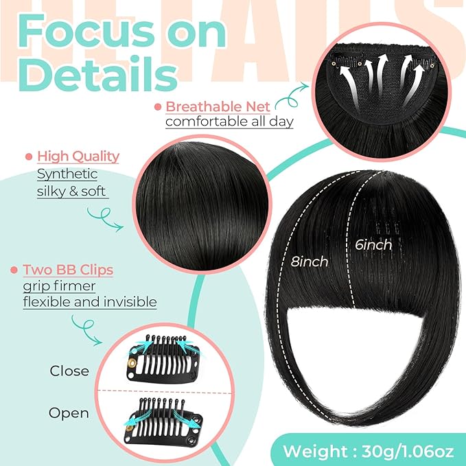 Clip in Bangs, Synthetic French Bangs Hair Clip, Fake Bangs Fringe with Temples Hairpieces for Women Natural Curved Hair Extensions for Daily Wear Natural Black