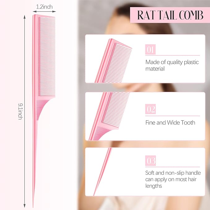 2 Pack Rat Tail Combs for Women Fine Tooth Comb Parting Tip Carbon Fiber Root Teasing Anti Static Heat Resistant Adding Volume Evening Hair Styling (Pink)
