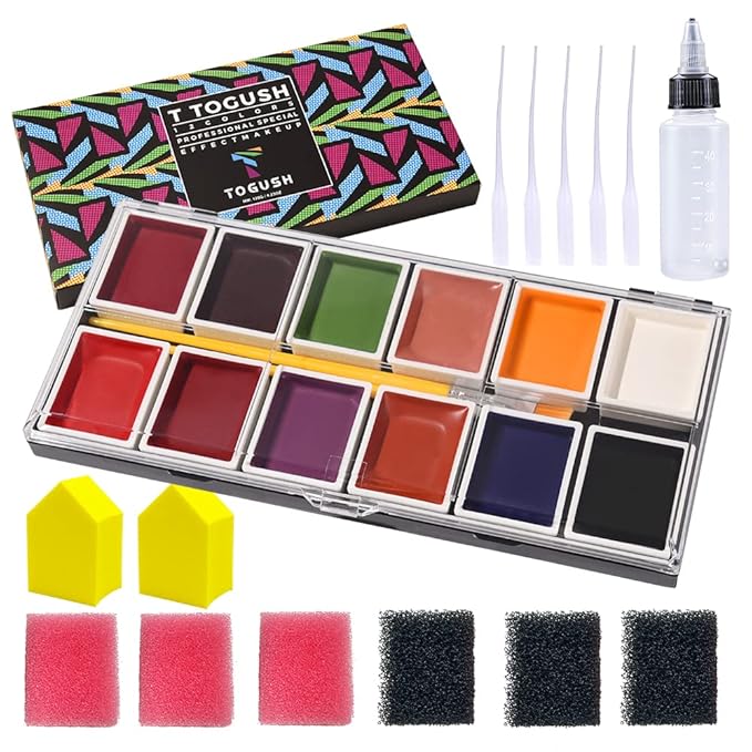 12 Colors Alcohol Activated Makeup Palette Set with Mimic Wound Sponge Makeup Egg for SFX Makeup Halloween Makeup