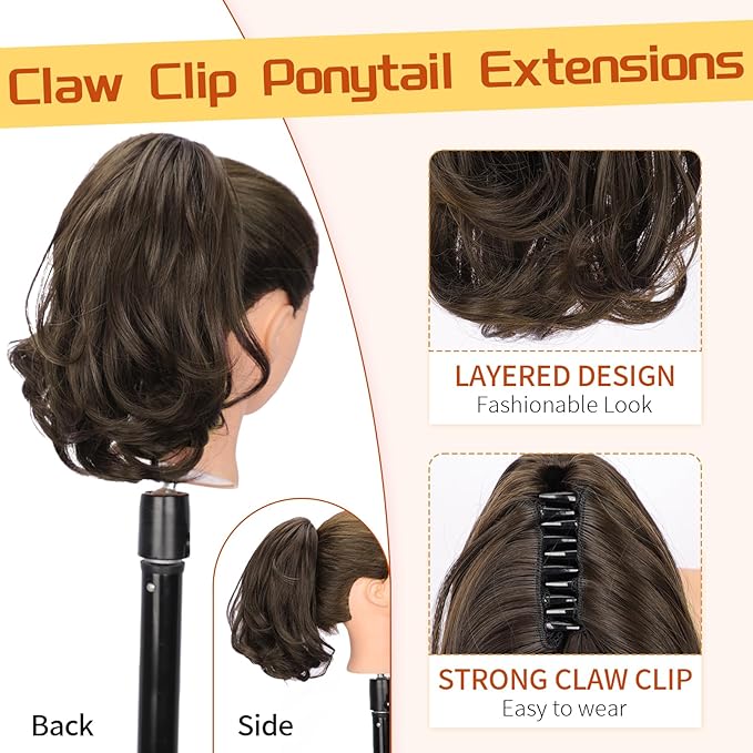 KooKaStyle Ponytail Extension, 10" Short Claw Clip in Pony Tails Hair Extensions Curly Wavy Synthetic Drawstring Hairpieces for Women(Cedar Brown)