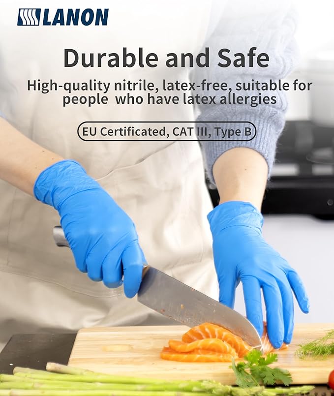 LANON Disposable Nitrile Gloves, Silicone-Free, Food-Safe, Chemical Resistant, Powder-Free, Textured Fingertips, Cooking, Cleaning, Blue, Medium