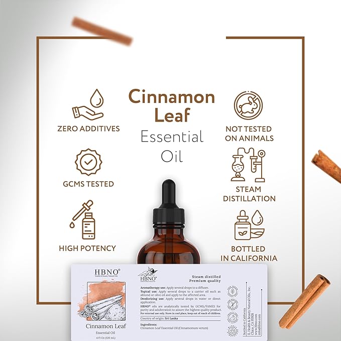 HBNO California Bottled Cinnamon Essential Oil (Leaf) 4 fl oz (120ml) - Natural Cinnamon Essential Oil for Diffuser - Perfect for Cleaning, Aromatherapy, DIY, Soap & Diffuser -