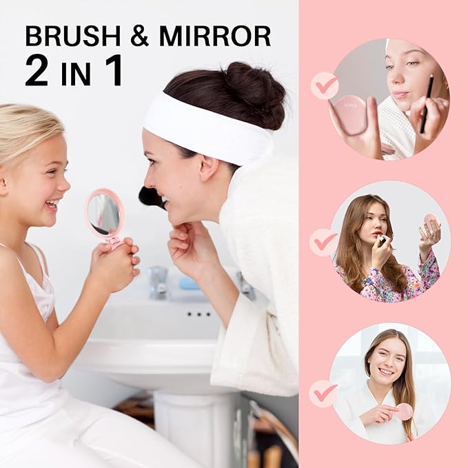 RHOS Folding Brush with Mirror for Women, Girls - Compact Pocket Portable Hair Brush with Soft Nylon Bristles for Purse and Travel (Pink)