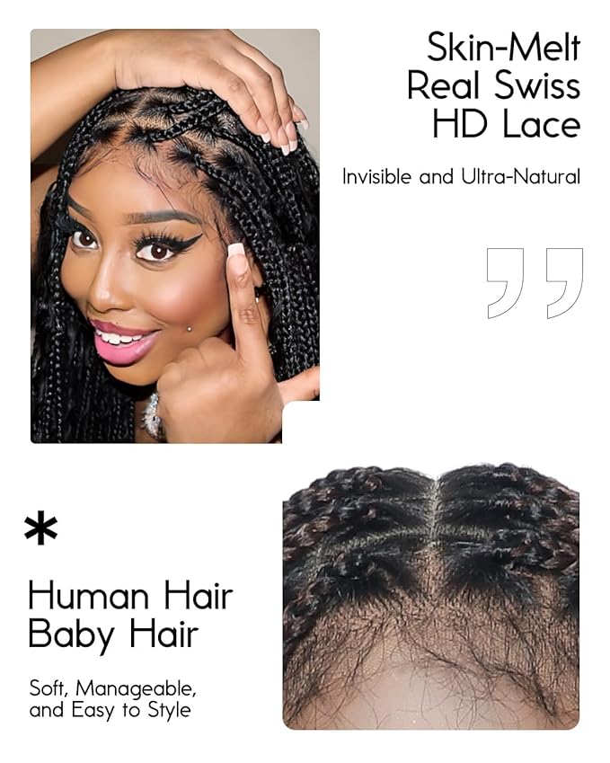 Human Hair Boho Curls Hand-Tied HD Full Lace Wig - 24" Salon-Level Small Box Synthetic Braids (121 Braids, High Density) Pre-Cut Swiss HD Lace, Pre-Plucked, Tangle-Free - 1B/27/613 Highlight