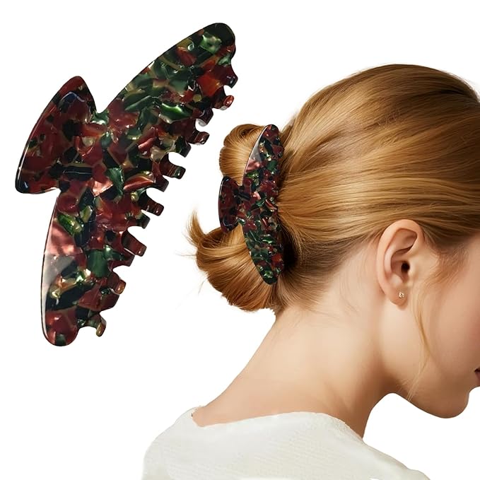 Large Hair Claw Clips, 4 Inch Strong Hold No Slip Grip Claws for Women - Premium Acetate French Clips for Thick or Thin Hair (Green & Red)