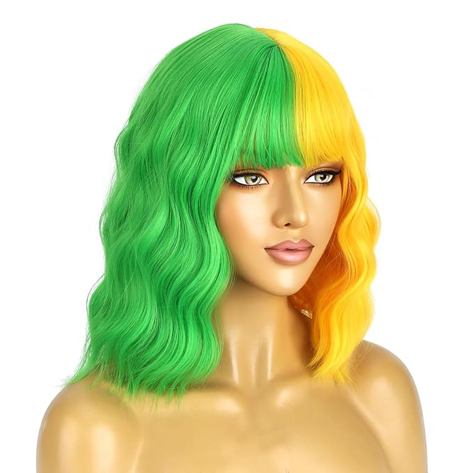 BERON 14 Inches Green Yellow Wig for Women Girls Short Curly Wig Green Yellow Split Wig with Bangs