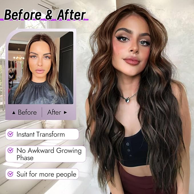 Dark Brown Mixed Chestnut Wig for Women Long Wavy 4x1 Lace Natural Hairline Glueless for Beginners Middle Part Synthetic for Daily Party Use 26Inch