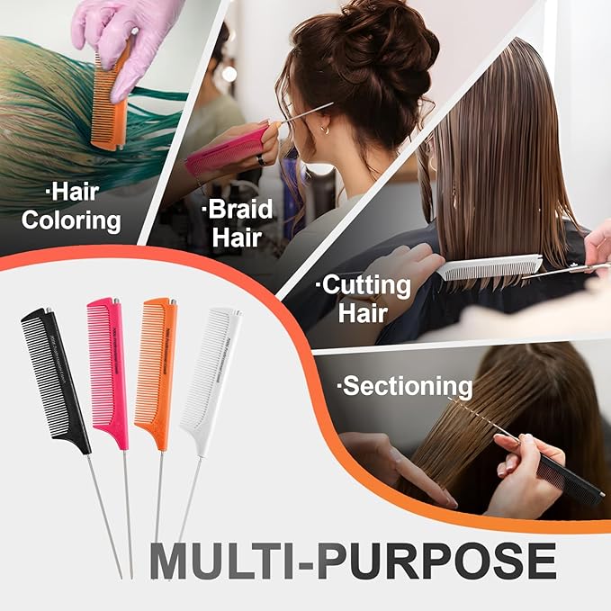 Rat Tail Combs for Parting, Protable Retractable Rat Tail Comb, Parting Combs for Hair Stylist, Fine Tooth Teasing Comb Stainless Steel Pin Tail, Easy to Carry (1 Pack-Orange)