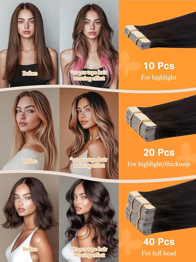 DOORES Tape in Hair Extensions Human Hair Balayage Natural Black to Light Blonde 24 Inch 10pcs 30g Human Hair Extensions Tape in Remy Natural Hair Extensions Straight