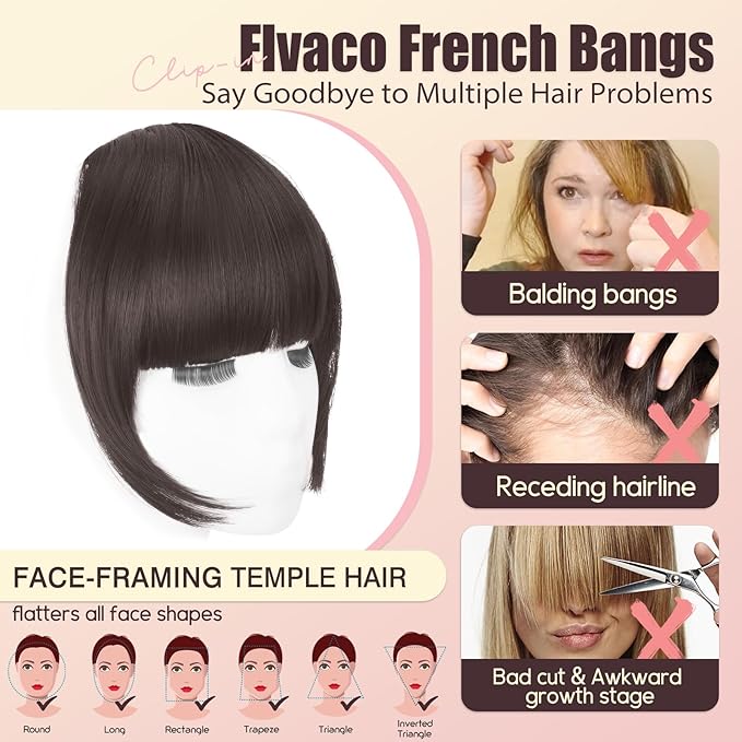 Clip in Bangs, Synthetic French Bangs Hair Clip, Medium Brown Fake Bangs Fringe with Temples Hairpieces for Women Natural Curved Hair Extensions for Daily Wear