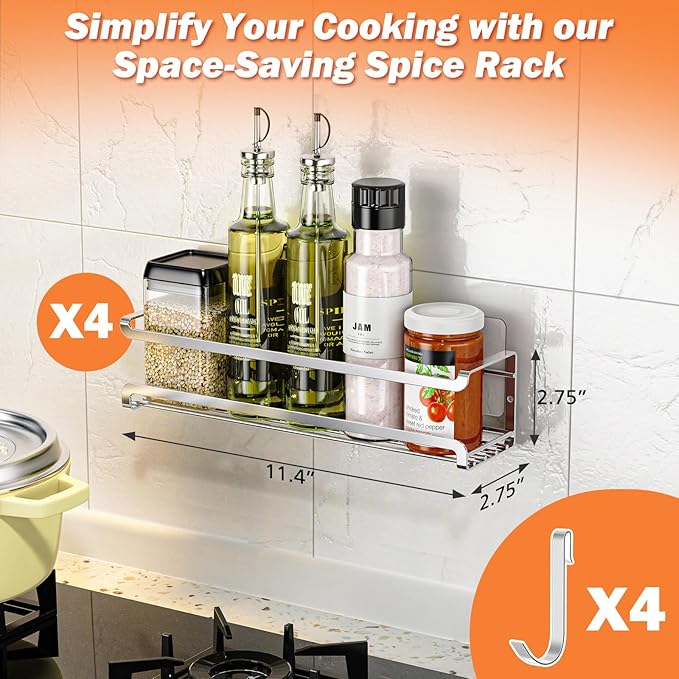 Spice Rack wall mounted 4 Pack, Space-Saving Spice Organizer for Spice Jars and Seasonings,Screw or Adhesive Hanging Spice Rack Organizer for Your Kitchen Cabinet,or Pantry Door,Chrome