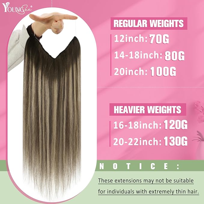 YoungSee 130G Wire Human Hair Extensions Brown Balayage Invisible Wire Hair Extensions Ombre Dark Brown with Ash Blonde Thick Human Hair Fish Line Extensions for Women 20Inch