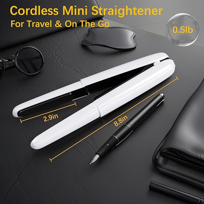 Cordless Hair Straightener Curler 2 in 1 Ceramic Flat Iron Mini Portable Fast Heating 30s 4500mAh Battery 4 Temp Adjustments LCD Display USB Rechargeable for Women Men with Pouch (White)