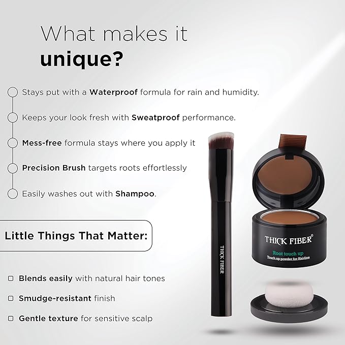 THICK FIBER Root Touch Up Set - Hairline Concealer for Thin and Thinning Hair, Water & Sweat Resistant, with Brush (Medium Golden Brown)