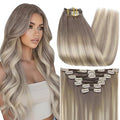Full Shine Clip in Extensions Real Human Hair Grey to Blonde 20 Inch Balayage Grey Hair Extensions Real Human Hair Clip ins 7 Pcs 120 G
