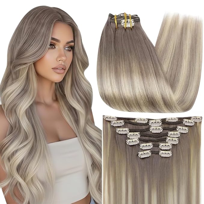 Full Shine Grey Clip in Human Hair Extensions 22 Inch Grey Mix Blonde Remy Natural Hair Extensions Straight Double Weft Hair Clip in Extensions 7 Pcs 120 G