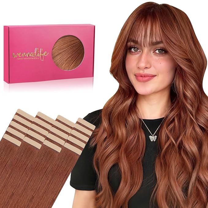 WENNALIFE Tape in Hair Extensions Human Hair, 20pcs 50g 24 inch Dark Auburn Copper Remy Hair Extensions Straight Human Hair Tape in Extensions Skin Weft Tape Extensions Human Hair