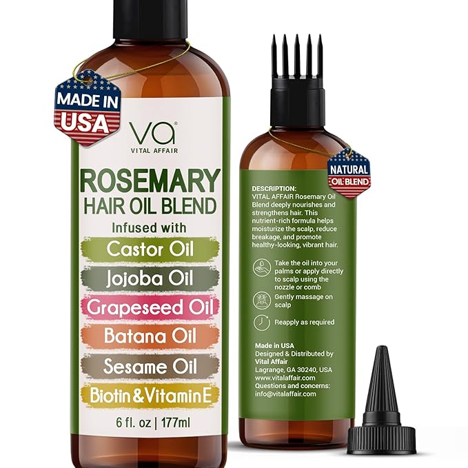 VITAL AFFAIR Blend Of Pure Rosemary Oil For Hair Growth With Castor, Batana, Jojoba Oil-Infused With Biotin & Vitamin E-Blend of Effective Hair Oils for Hair Growth-Strengthening Treatment 6 Fl Oz