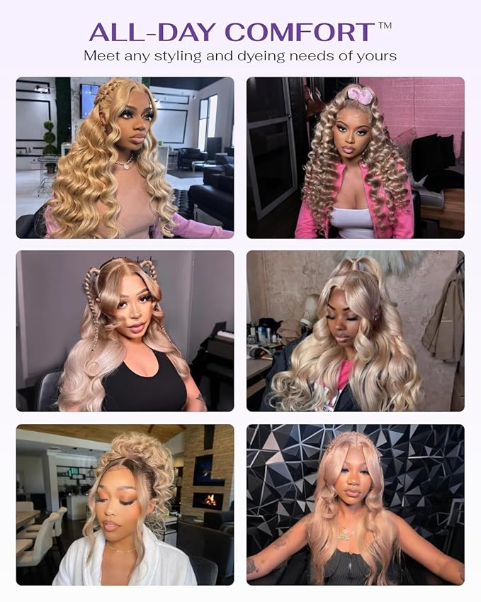 Hidden Strap Milk Tea Ash Blonde Wig Human Hair Body Wave 360 Lace Front Wig Human Hair Ombre Glueless Wigs Pre Bleached Bleached Knots 180% Density Drawstring HD Full Lace Wigs 26Inch