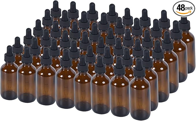 1 oz Dropper Bottle 48 Pack Amber Glass Boston Bottles 30ml with Eye Droppers Black Caps for Essential Oils, Perfume, Leak Proof Travel Bottles for Liquids