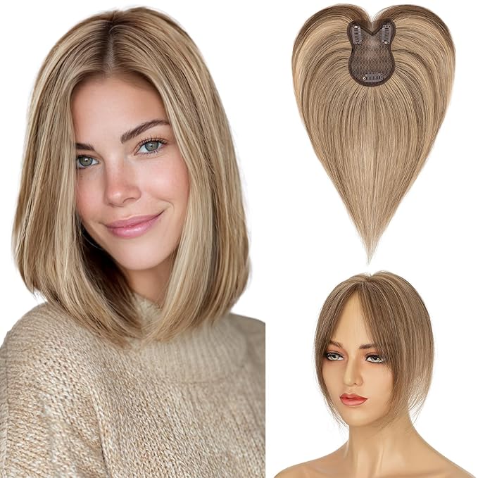 Human Hair Topper with Bangs for Women, 360° Cover Clip in Curtain Bangs Hair Toppers Hair Piece with Highlights 3.15x4.33 Hand-tied Base Medium Brown&Dark Blonde