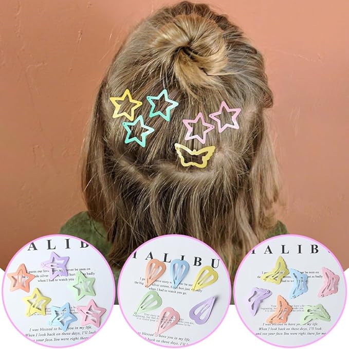 120Pcs Hair Clips for Girls,Non Slip Metal Snap Hair Clips for Kids Star & Butterfly hair accessories (4 Styles and 15 Assorted Colors)