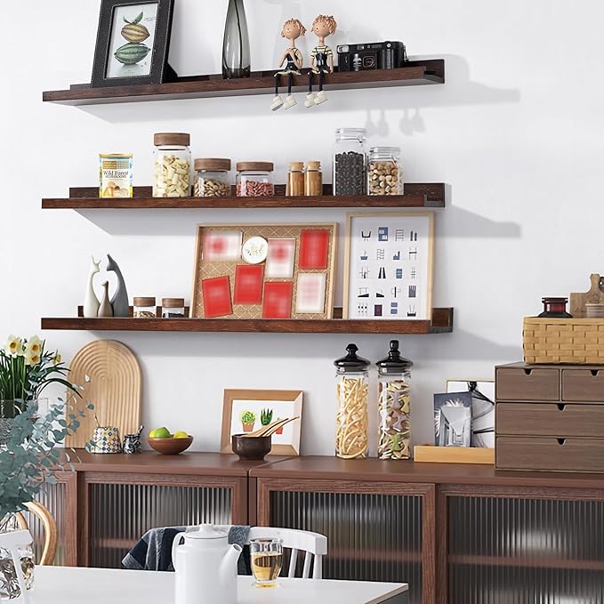 AZSKY Floating Shelves Deep Walnut for Wall Long Picture Ledge Shelf 48 Inch Beige Photo Ledge Shelves with Lip Wall Bookshelf for Kids Bedroom Living Room Bathroom Kitchen Wooden Spice Rack Set of 3