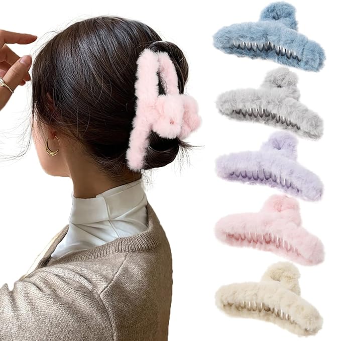 5PCS Large Claw Hair Clips for Thick Hair Big Fuzzy Hair Clips for Women Nonslip Strong Hold Hair Claw Clip (Plush (Blue+Grey+Pink+Purple+Beige))