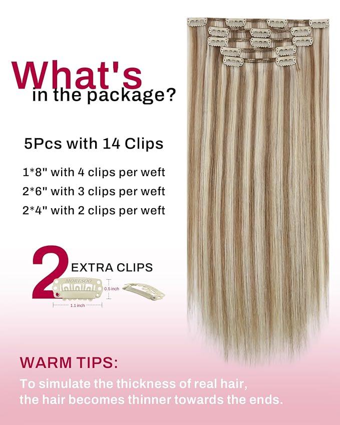Moresoo Blonde Highlight Clip in Hair Extensions Light Brown with Blonde Highlights Clip in Extensions Real Human Hair Double Weft for Party 80g/5pcs 18 inch