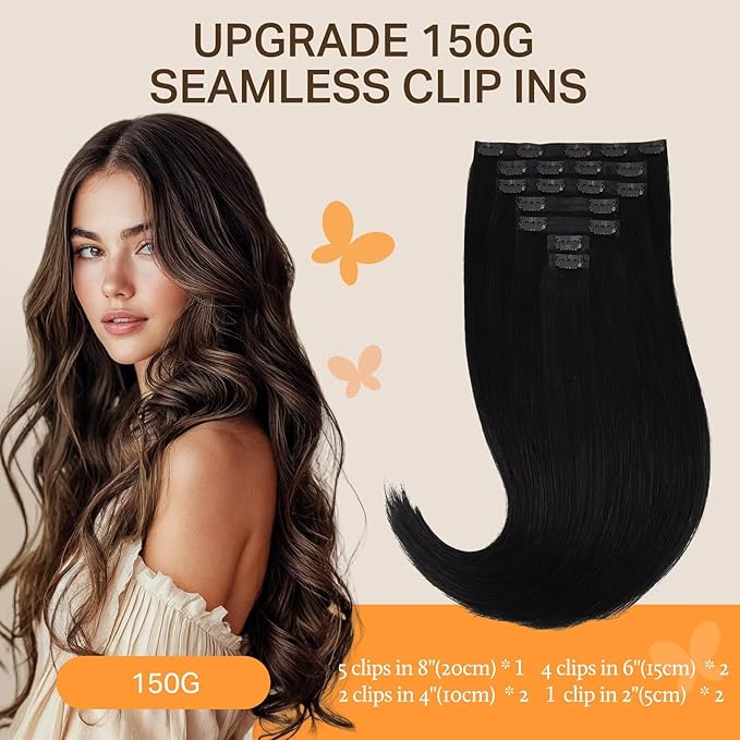 DOORES Real Human Hair Extensions, Jet Black 160g 7pcs 24 Inch, Clip in Straight Remy Natural Hair Invisi Edge Weft for Women
