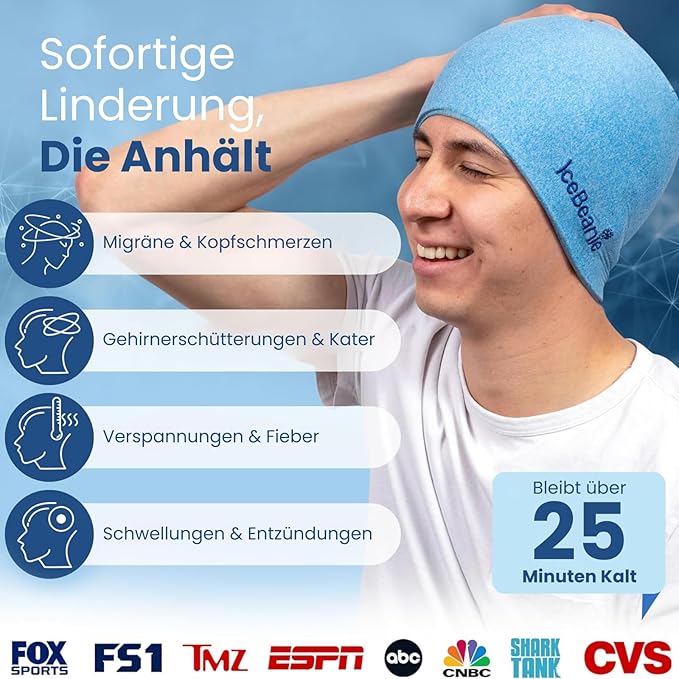 IceBeanie Migraine Relief Cap, As Seen on Shark Tank, Soft & Stretchy Gel Tension Headache Relief Cap, Extended Cooling Hangover Ice Hat, Odorless Head Wrap Ice Pack Wrap, Headache Migraine Mask