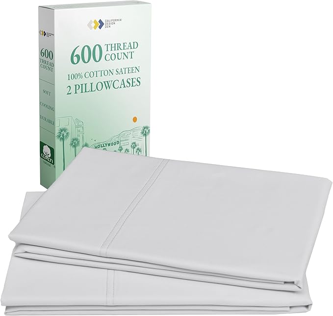 California Design Den Premium King Pillow Covers Set of 2-600 Thread Count Sateen, Natural 100% Cotton Pillow Cases King, Crisp, Durable Bedding - Light Silver