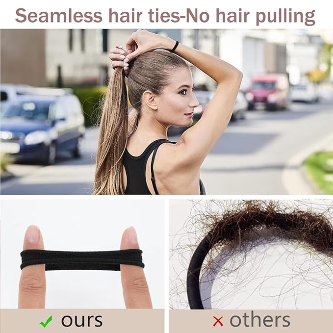 100PCS No Damage Hair Ties For Women Girls Men Kids Toddler - Soft Seamless Hair Ties For Thin & Fine Curly Hair - Black Rubber Bands For Hair No Pull Ponytail Holder