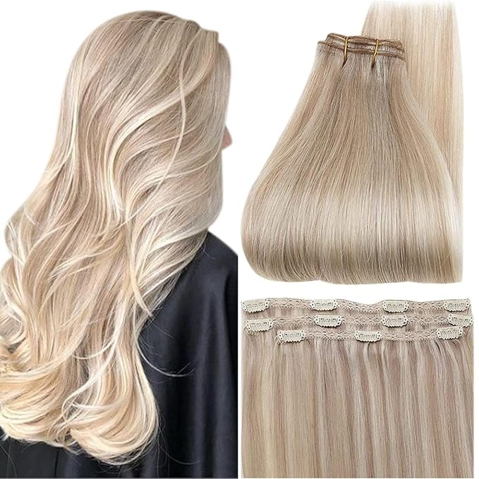 Full Shine Human Hair Clip in Extensions Blonde Highlight Straight Remy Clip in Hair Extensions Ash Blonde Lace Weft Real Human Hair Extensions Clip ins 14 Inch 3 Pcs 60 G