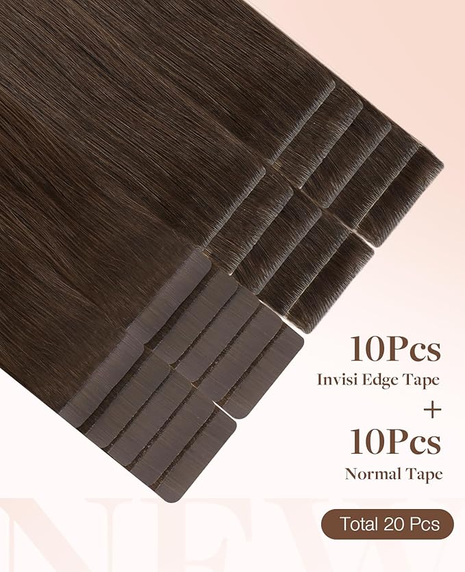 GOO GOO Invisi Edge Tape in Hair Extensions Human Hair, 4A Chocolate Brown 10pcs injected with 10pcs classical tape ins, 12inch 40g, Virgin Remy Hair, Natural Look