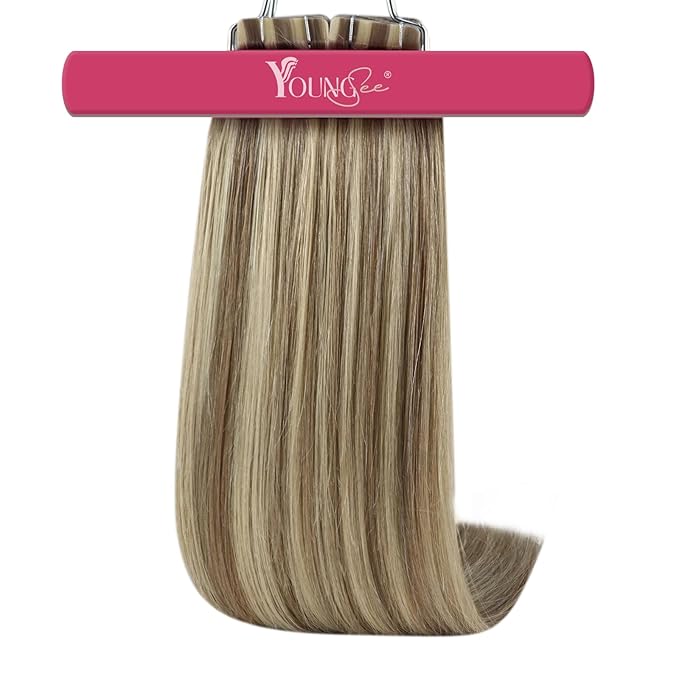 YoungSee Human Hair Tape in Extensions Highlights 20 Inch Tape Hair Extensions Real Human Hair Brown to Blonde Seamless Tape-in Natural Hair Extension Straight 20pcs 50g