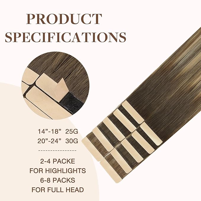 GOO GOO Tape in Hair Extensions Human Hair, 4/18 Balayage Chocolate Brown Highlighted Dirty Blonde, 24inch 30g 10pcs, Skin Weft Seamless Invisible, Silky Straight with Thick Ends, Remy Human Hair